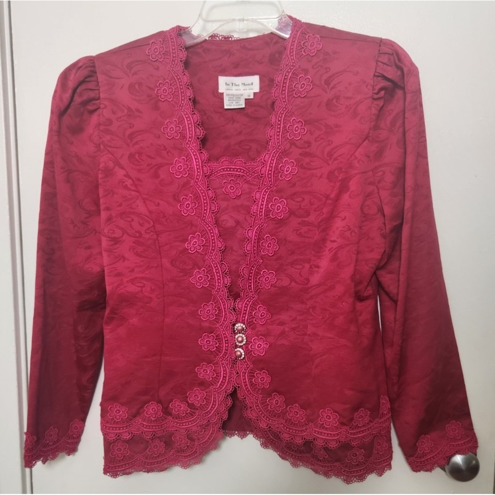 In The Mood Fuchsia Jacquard Floral Lace Trim Top Rhinestone Buttons Sz 12